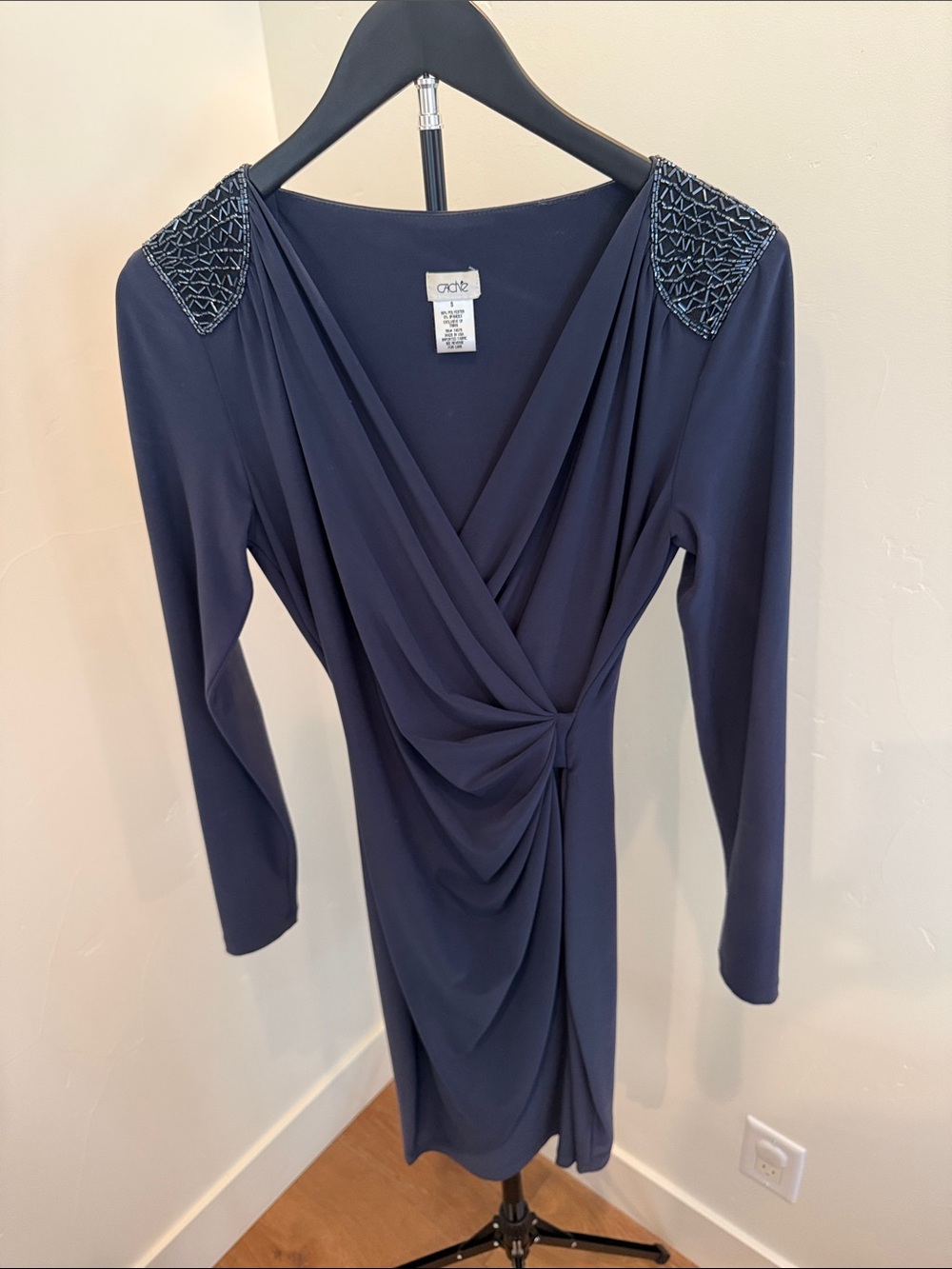 Cache Navy Long-Sleeve Wrap Dress with Embellished Shoulders